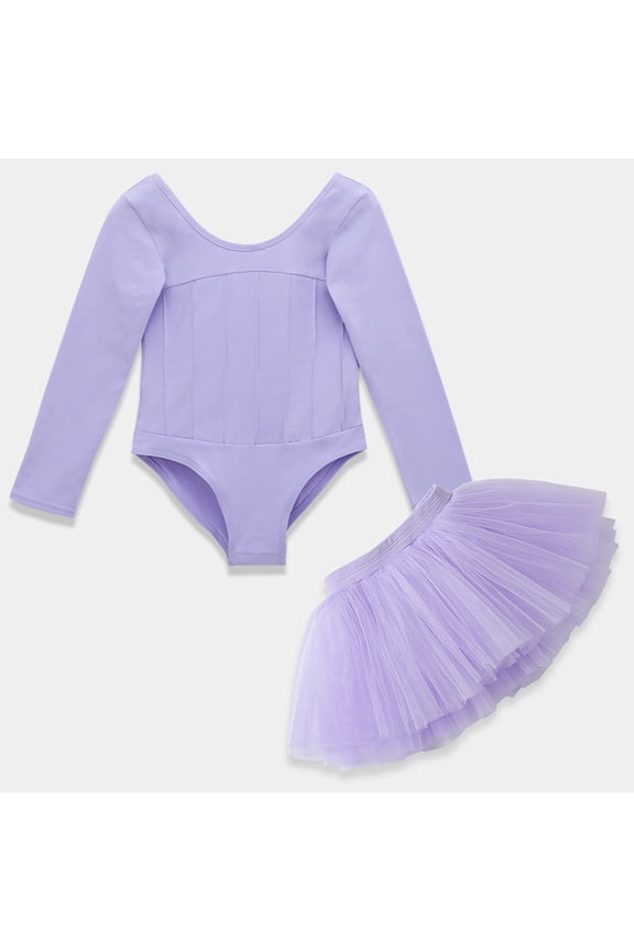 ‌LYMAYTER Girls 2PC Dance Set Toddler Tulle Skirt and Leotard Suit Long Sleeve Practice Wear 3-11Y