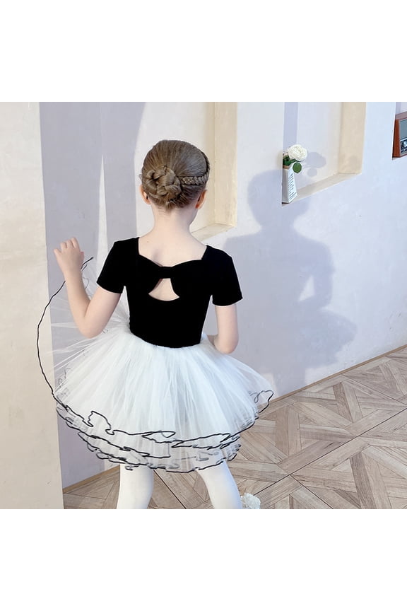 ‌‌LYMAYTER Girls Ballet Leotards Short-Sleeved Dance Set with Skirt Toddler Criss-Cross Bow Back 3-11Y