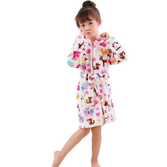 LYMAYTER Girls Boys Hooded Night Robe for Kids Toddler Long Sleeve Flannel Robe Baby Printed Loungewear 1-10 Years