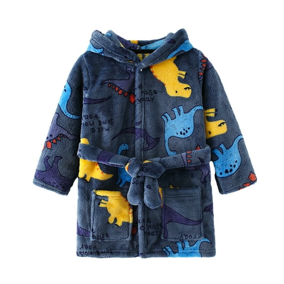 LYMAYTER Girls Boys Hooded Night Robe for Kids Toddler Long Sleeve Flannel Robe Baby Printed Loungewear 1-10 Years