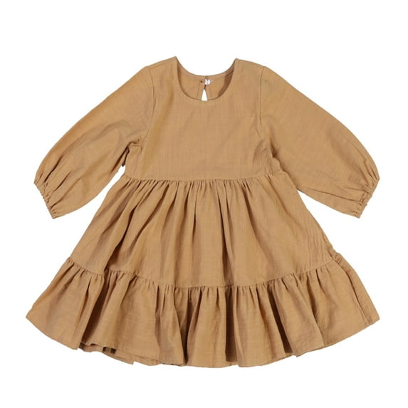 LYMAYTER Girls Cotton Princess Dress for Kids Baby Elastic Waist Casual Dresses Spring Fall Solid Color Dresses for 2-6 Years