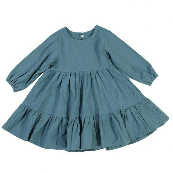 LYMAYTER Girls Cotton Princess Dress for Kids Baby Elastic Waist Casual Dresses Spring Fall Solid Color Dresses for 2-6 Years