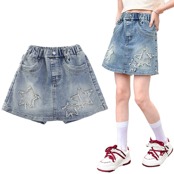 LYMAYTER Girls Denim Skirt Vintage Star Patchwork Party Jean Skirt Casual Mini Skirt Skorts Skirts for Teens