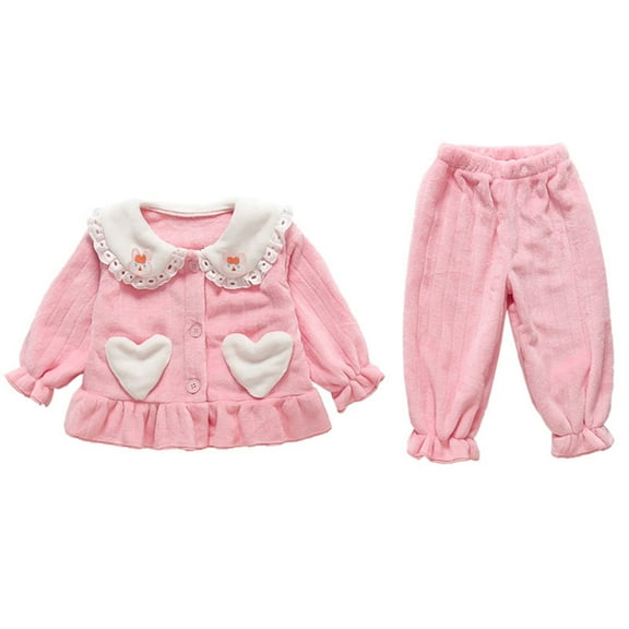 LYMAYTER Girls Fleece Pajamas Outfit for Kids Baby Doll Collar Sleepwear Set Toddler Thickened Loungewear for 2-8 Years