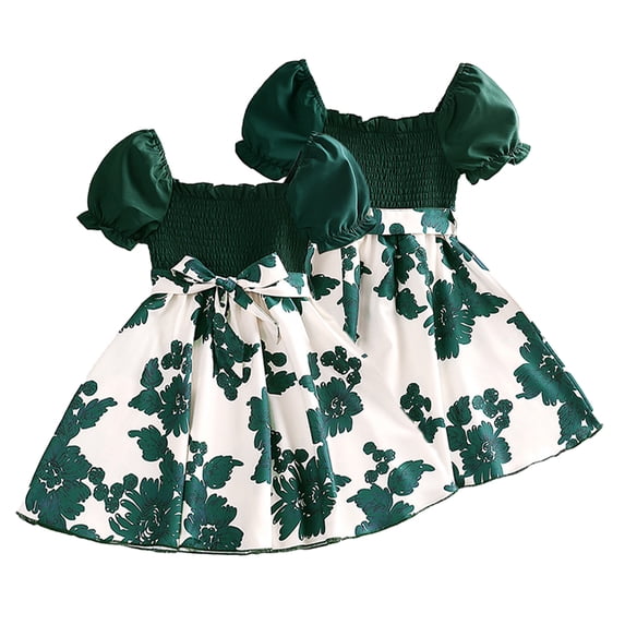 LYMAYTER Girls Floral Dress Toddler Kids Short Sleeve Casual Holiday Sundress Baby Summer Clothes Bow Skirts for 4-7 Years