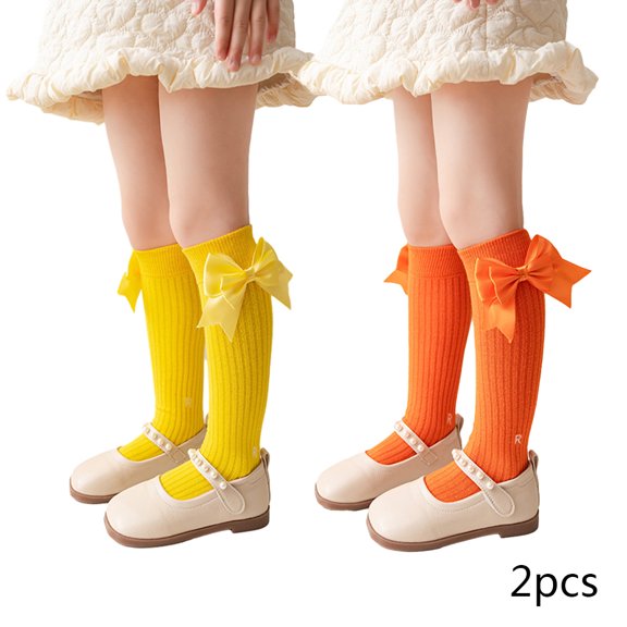 LYMAYTER Girls Flower Knee High Socks 2 Pairs for Kids Toddler Cotton Mid-Calf Sock Spring Fall winter Stacked Socks for 3-12 Years