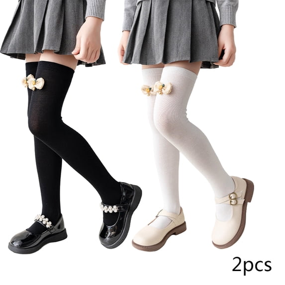 LYMAYTER Girls Flower Knee High Socks 2 Pairs for Kids Toddler Cotton Mid-Calf Sock Spring Fall winter Stacked Socks for 3-12 Years
