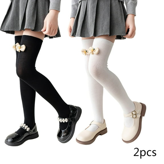 LYMAYTER Girls Flower Knee High Socks 2 Pairs for Kids Toddler Cotton Mid-Calf Sock Spring Fall winter Stacked Socks for 3-12 Years