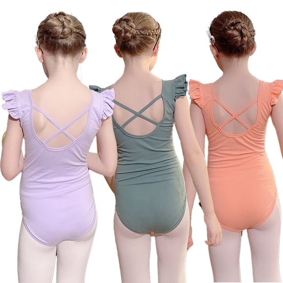 LYMAYTER Girls Gymnastics Leotards Kids Cross Back Practice for 3-11Y Ruffle Short Sleeve Ballet Bodysuit