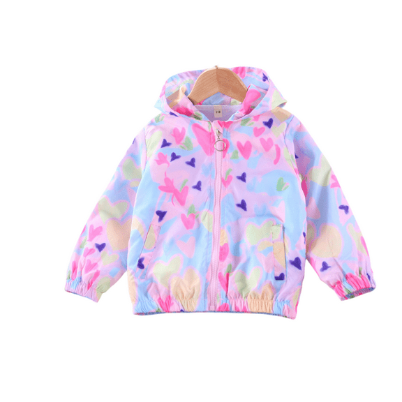 LYMAYTER Girls Hooded Jacket for Kids Baby Printed Long Sleeve Punching Jacket Toddler Spring Fall Casual Windbreakers 3-8 Years