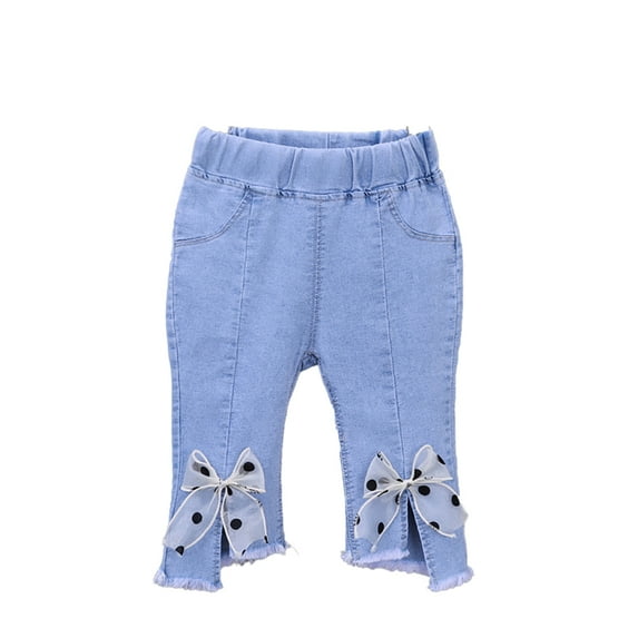 LYMAYTER Girls Jeans Flare Pants for Kids Baby Summer Printed Denim Trousers Toddler Stretch Flare Leggings 1-6 Years