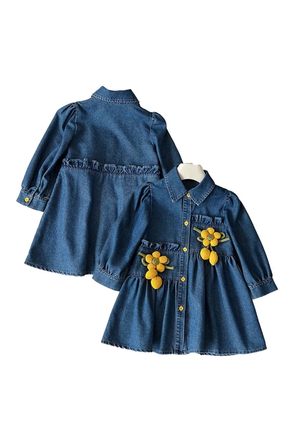 Girls' Long-Sleeve Denim Dress with Button-Down Collar Floral Design 2-8Y