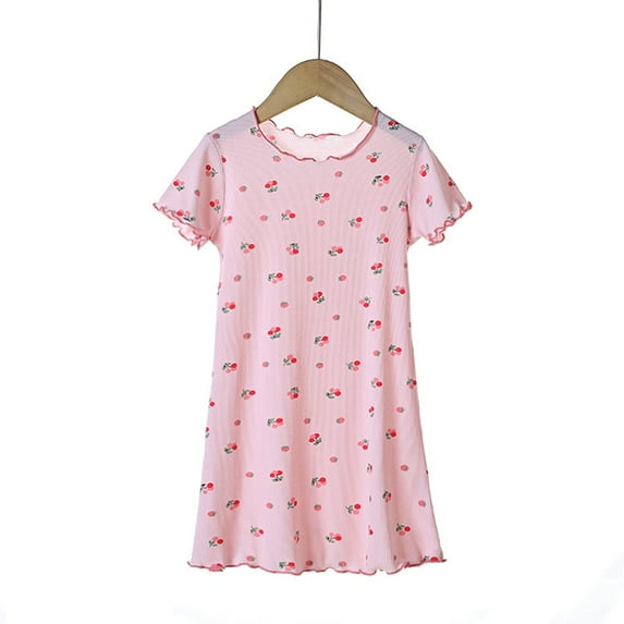 LYMAYTER Girls Nightgowns 3-12 Years Toddler Baby Short Sleeves Pajamas Dress Comfort Nightie Little Girls Round Neck Sleepwear Pajamas