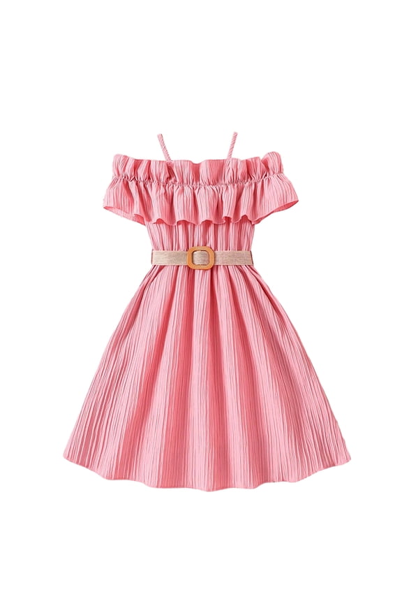 Girls One-Shoulder Dress Toddler Spaghetti Strap Party Dresses Big Kids Solid Color Halter Neck Sundress with Belt for 8-12 Years