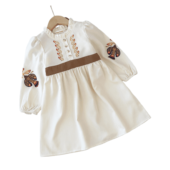 LYMAYTER Girls Ruffle Collar Embroidered Dress Toddler Kids Long Sleeve Boho Spring Fall Clothing 2-7Y