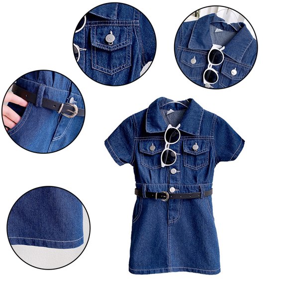 LYMAYTER Girls Short Sleeve Denim Dress Teen Button Down Casual Jean Shirt Dresses 2-8Y