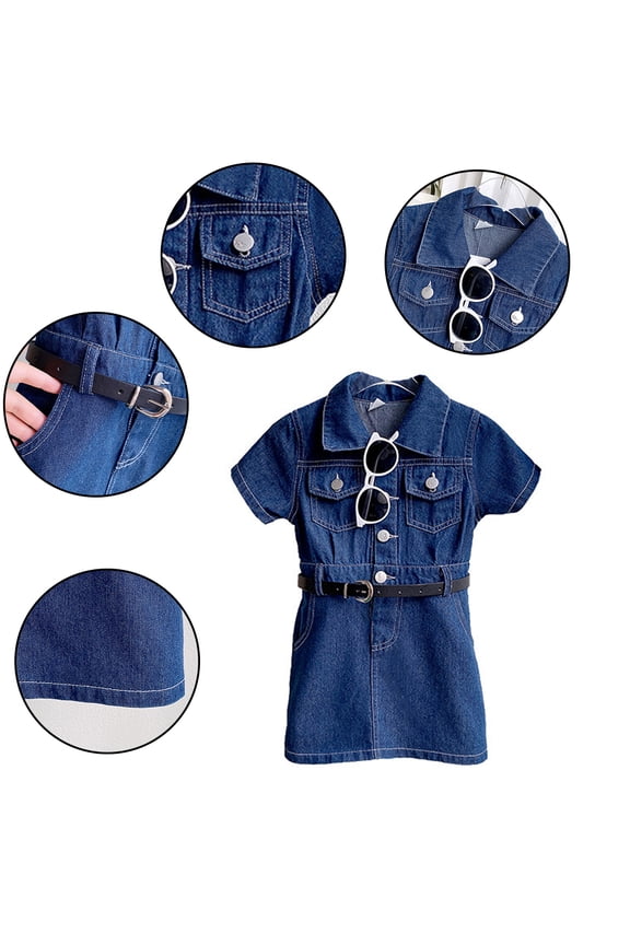 Girls Short Sleeve Denim Dress Teen Button Down Casual Jean Shirt Dresses 2-8Y