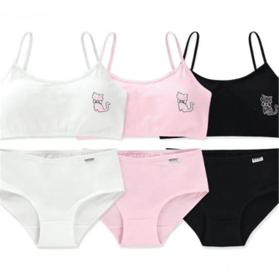 LYMAYTER Girls Breathable Cotton Underwear Set Classic Solid Training Cami Bra Comfort Brief