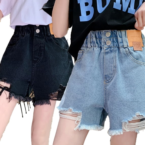 LYMAYTER Girls Summer Denim Shorts Stretch Waistband Distressed Hem Mini Shorts 5-16Y