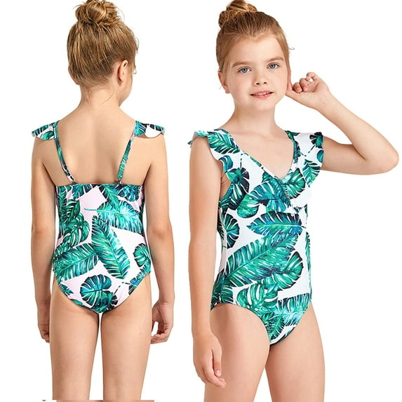 LYMAYTER Girls Summer Swimsuits Toddler Kids Printed Halter One Piece Bathing Suit Beach Bikin Swimwear Size 4-8 T