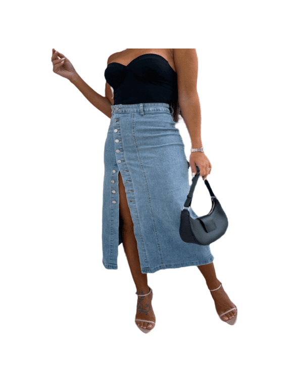 High Waist Denim Skirt for Women Button Front Asymmetrical Jean Skirt Slit Stretchy Skirt S-2XL