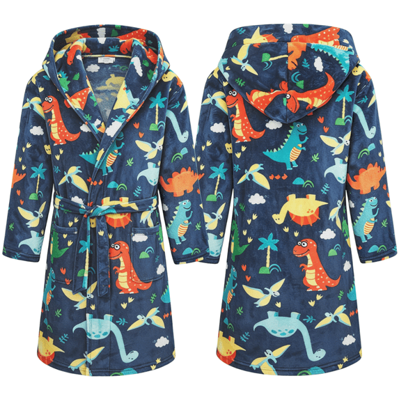 LYMAYTER Hooded Bathrobe for 2-12Y Kids Toddler Boys Dinosaur Print Robe Soft Flannel Loose Warm Home Robe