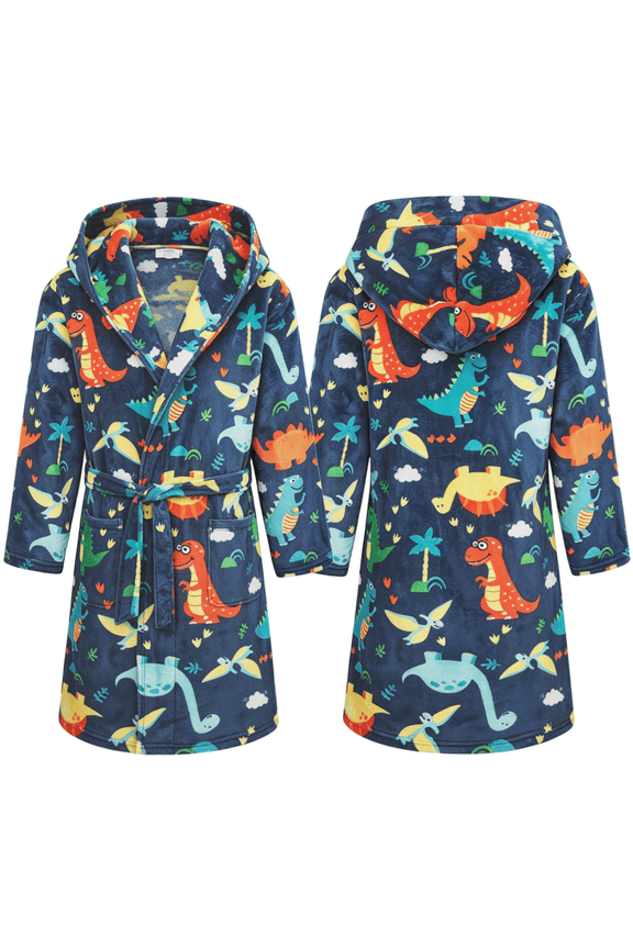 Hooded Bathrobe for 2-12Y Kids Toddler Boys Dinosaur Print Robe Soft Flannel Loose Warm Home Robe