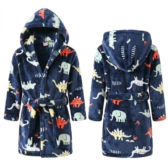 LYMAYTER Hooded Robe for 1-7Y Kids Boys Soft Fleece Bathrobe Boys Mid Length With Belt Robe Pajamas Cartoon Print