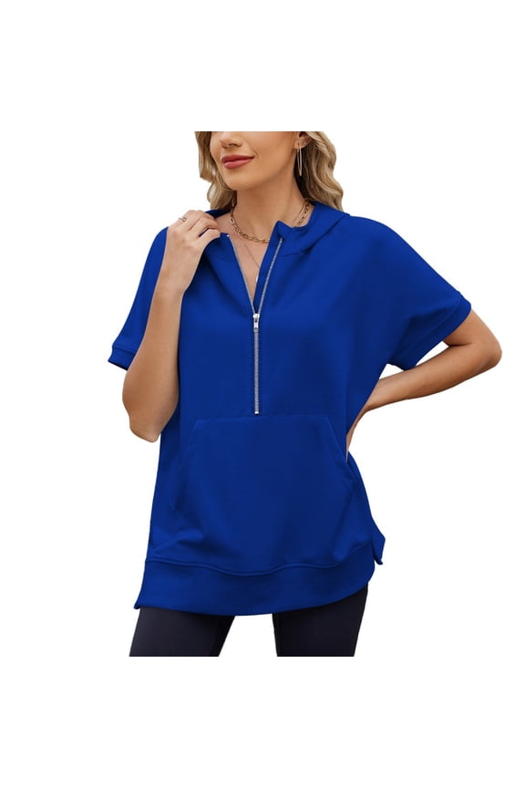Hoodies Short Sleeve for Women Casual Loose Oversized Half Zip Hoodies with Pockets Top for S-2XL