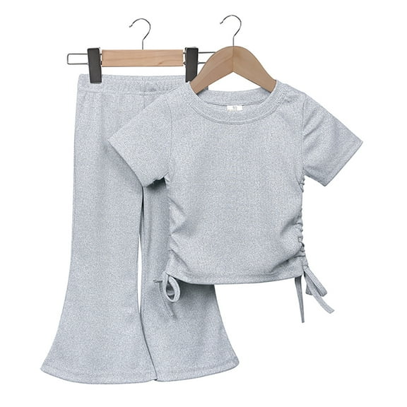 LYMAYTER Infant Girls T-Shirt Outfit 2PCS Toddler Drawstring Short Sleeve Tees Tops and Flare Pants Sets for Kids 12 Months - 10 Y