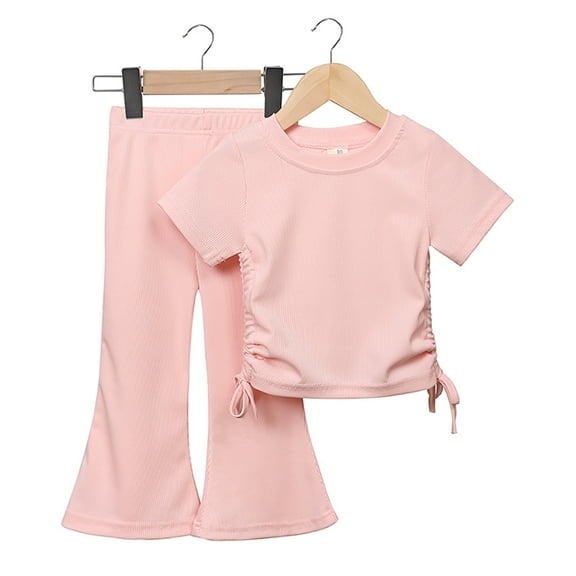 LYMAYTER Infant Girls T-Shirt Outfit 2PCS Toddler Drawstring Short Sleeve Tees Tops and Flare Pants Sets for Kids 12 Months - 10 Y