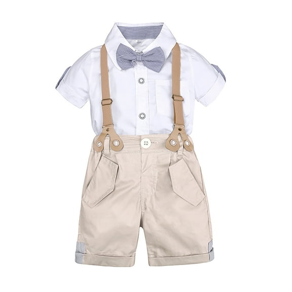 LYMAYTER Infant Kids Boys Gentleman Outfit 2PCS Toddler Dress Shirt with Bowtie + Suspender Shorts for Set 9 Months-4 Years