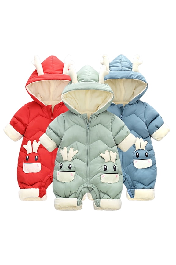 Infant Unisex Hooded down One-Piece Girls Boys Cartoon Warm Romper Newborn Fall Winter Crawling Clothes for 6-24 Months