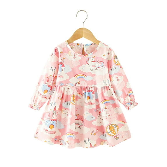 LYMAYTER Kids Baby Girls Casual Dresses Spring Fall Soft Long Sleeve Dresses Toddler Printed Princess Dress for 1-8 Years