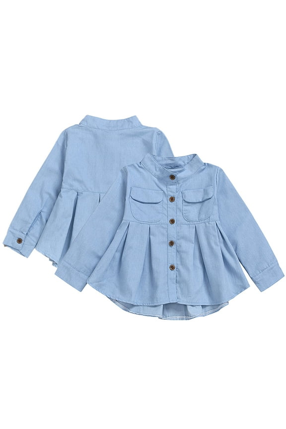 Kids Baby Girls Denim Ruched Long Sleeve T-Shirt Tops Toddler Spring Autumn Dress for 3-12 Years Fashion Cowboy Outwear