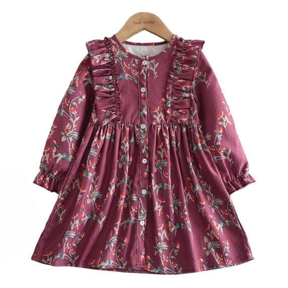 LYMAYTER Kids Baby Girls Floral Long Sleeve Dress Girls Ruffle Hem Casual Playwear Birthday Party Gown 2-7Y