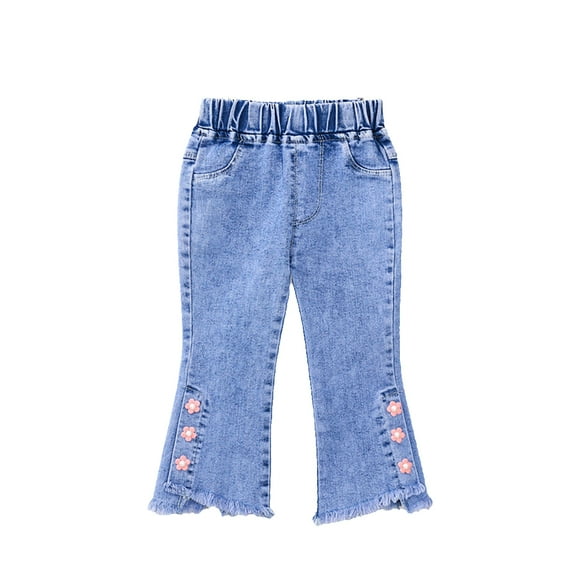 LYMAYTER Kids Baby Girls Jeans Flare Pants Spring Fall Printed Denim Trousers Toddler Casual Flare Leggings 1-6 Years