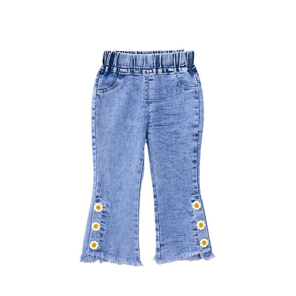 LYMAYTER Kids Baby Girls Jeans Flare Pants Spring Fall Printed Denim Trousers Toddler Casual Flare Leggings 1-6 Years