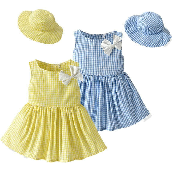 LYMAYTER Kids Baby Girls Plaid Sleeveless Dresses Newborn Summer Sweet Princess Dress with Sun Hat 2PCS 13 Months-5 Years
