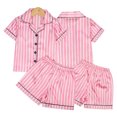 thumbnail image 1 of LYMAYTER Kids Baby Girls Silk Pajama Set Stripe Stain Short Sleeve Sleepwear Tops 2PCS Outfit Toddler V-Neck Jammies Loungewear for 3-7 Years, 1 of 8