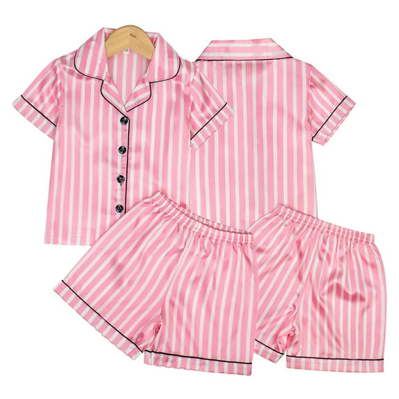 LYMAYTER Kids Baby Girls Silk Pajama Set Stripe Stain Short Sleeve Sleepwear Tops 2PCS Outfit Toddler V-Neck Jammies Loungewear for 3-7 Years
