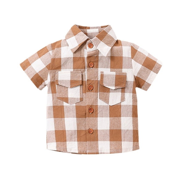 LYMAYTER Kids Boys Cotton Shirt Summer Plaid Short Sleeve T-Shirt Toddler Casual Button Shirt for 1-5T