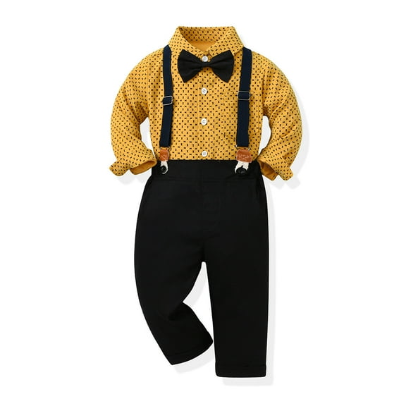 LYMAYTER Kids Boys Gentleman Outfits 2PCS Toddler Striped Long Sleeve Shirt + Prints + Bowknot Set for 6 Months-9 Years