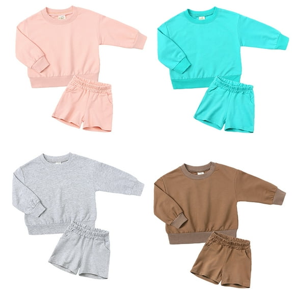 LYMAYTER Kids Boys Girls Cotton Outfit 2PCS Toddler Solid Color Long Sleeve T-Shirt Tops + Jogging Shorts Set for 1-14 T