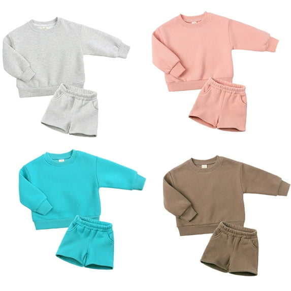LYMAYTER Kids Boys Girls Fleece Outfit 2PCS Toddler Warm Solid Color Long Sleeve T-Shirt Tops + Jogging Shorts Set for 1-14 T