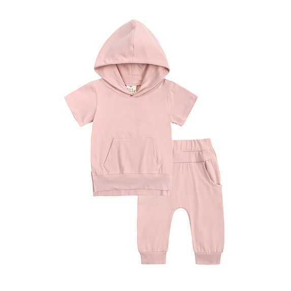 LYMAYTER Kids Boys Girls Hooded Tees Outfit Infant Cotton Short Sleeve Tops + Casual Pants Set for 9 Months - 7 Years