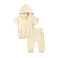 thumbnail image 1 of LYMAYTER Kids Boys Girls Hooded Tees Outfit Infant Cotton Short Sleeve Tops + Casual Pants Set for 9 Months - 7 Years, 1 of 10