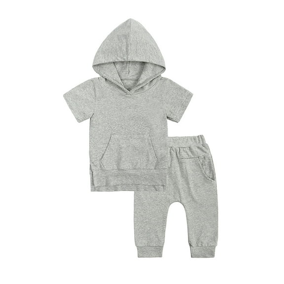 LYMAYTER Kids Boys Girls Hooded Tees Outfit Infant Cotton Short Sleeve Tops + Casual Pants Set for 9 Months - 7 Years