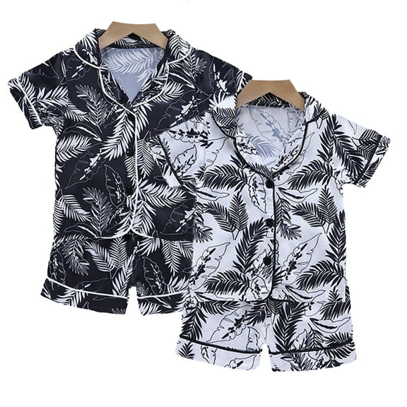 LYMAYTER Kids Boys Girls Satin Pajamas Set Cartoon Printing Short Sleeves Sleepwear 2PCS Outfit for Toddler Summer Silk Jammies1-5 Years