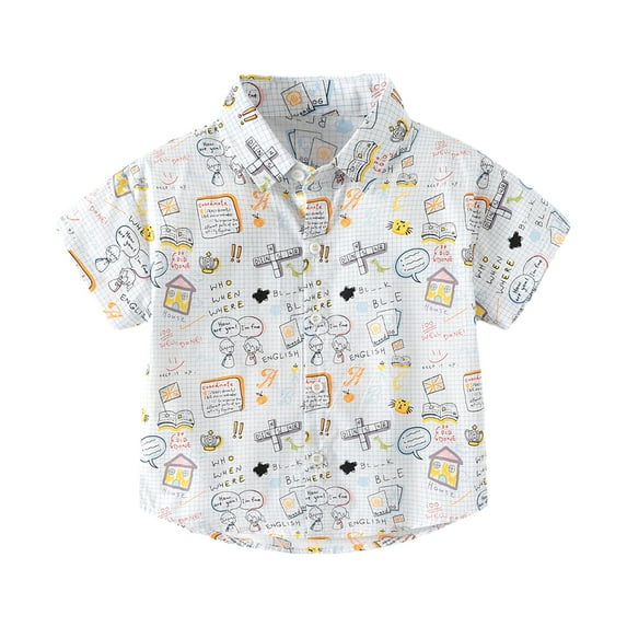 LYMAYTER Kids Boys Summer Shirts Baby Cotton Short Sleeve Shirts Toddler Print Button Tops for 2-10 Years